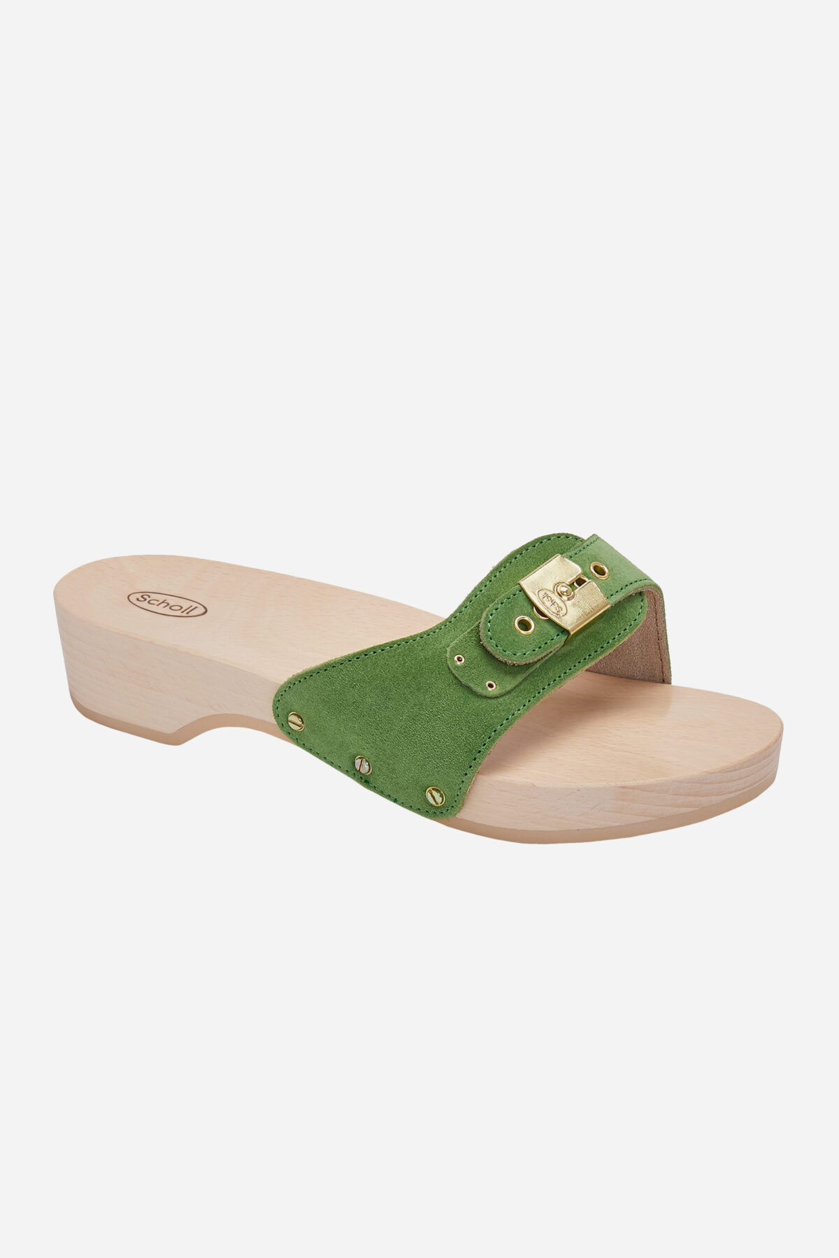 PESCURA-green-suede-leather-SCOLLS-WOODEN-SANDAL-MATCHBOXATHENS
