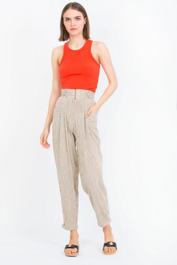ANNE-MARIE-COTTON-BROWN-STRIPED-PANTS-HIGH-WAISTED-LAURENCE-BRAS-MATCHBOXATHENS