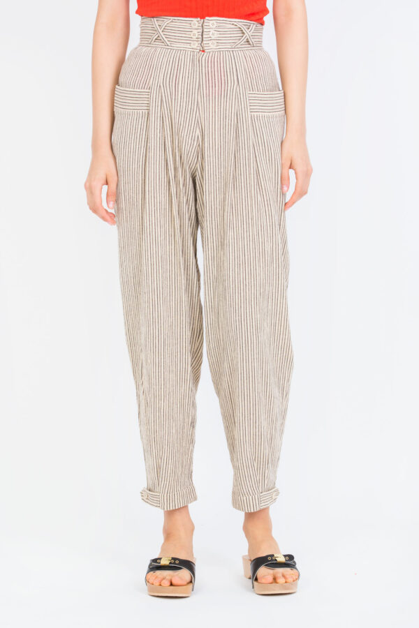 ANNE-MARIE-COTTON-BROWN-STRIPED-PANTS-HIGH-WAISTED-LAURENCE-BRAS-MATCHBOXATHENS