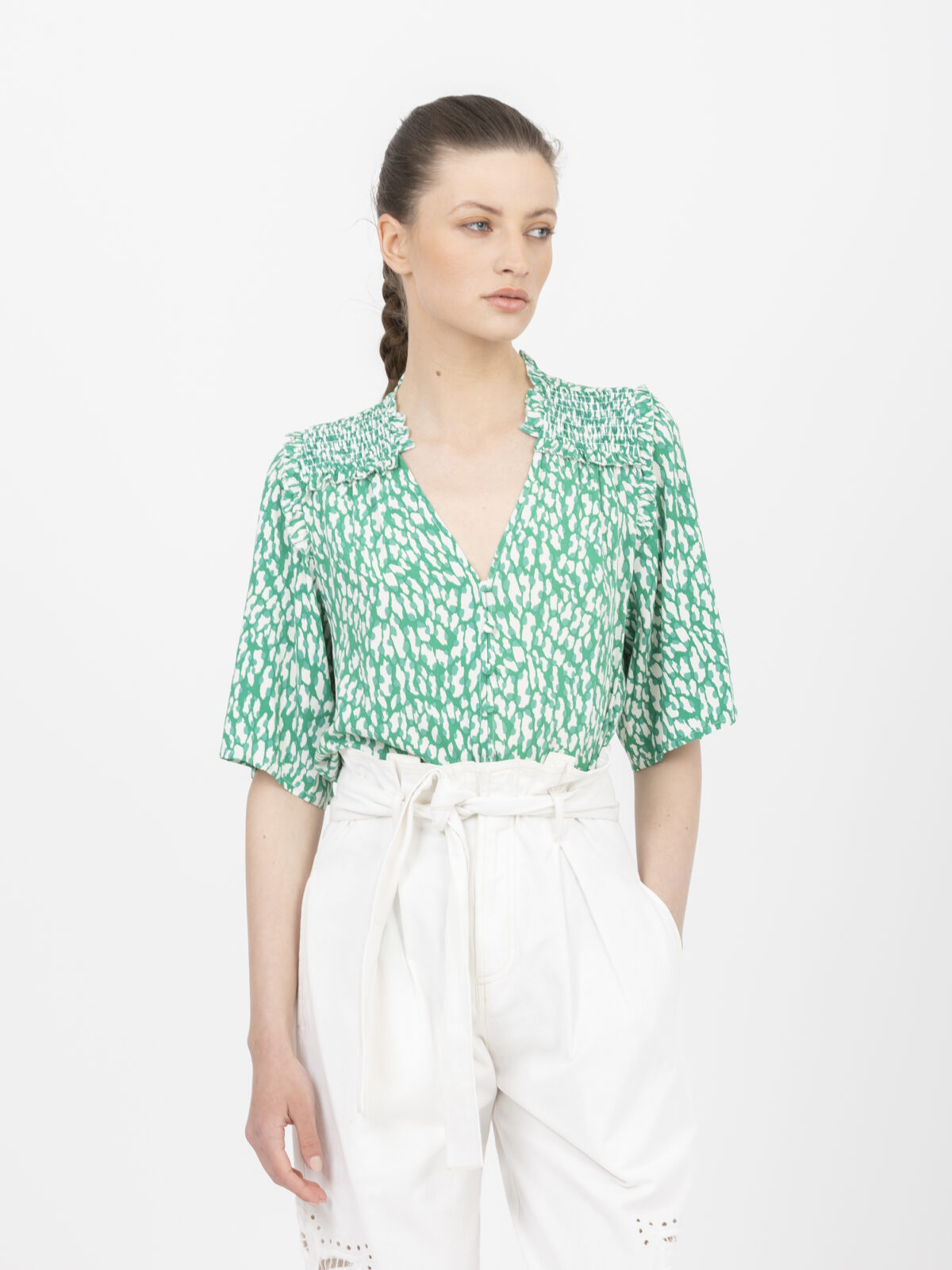 lily-blouse-fluid-green-printed-viscose-smocked-suncoo-matchboxathens