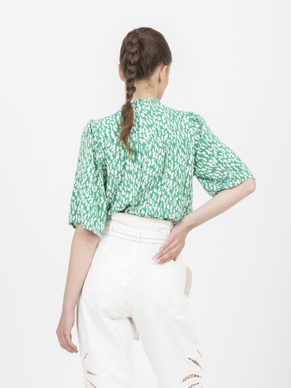 lily-blouse-fluid-green-printed-viscose-smocked-suncoo-matchboxathens