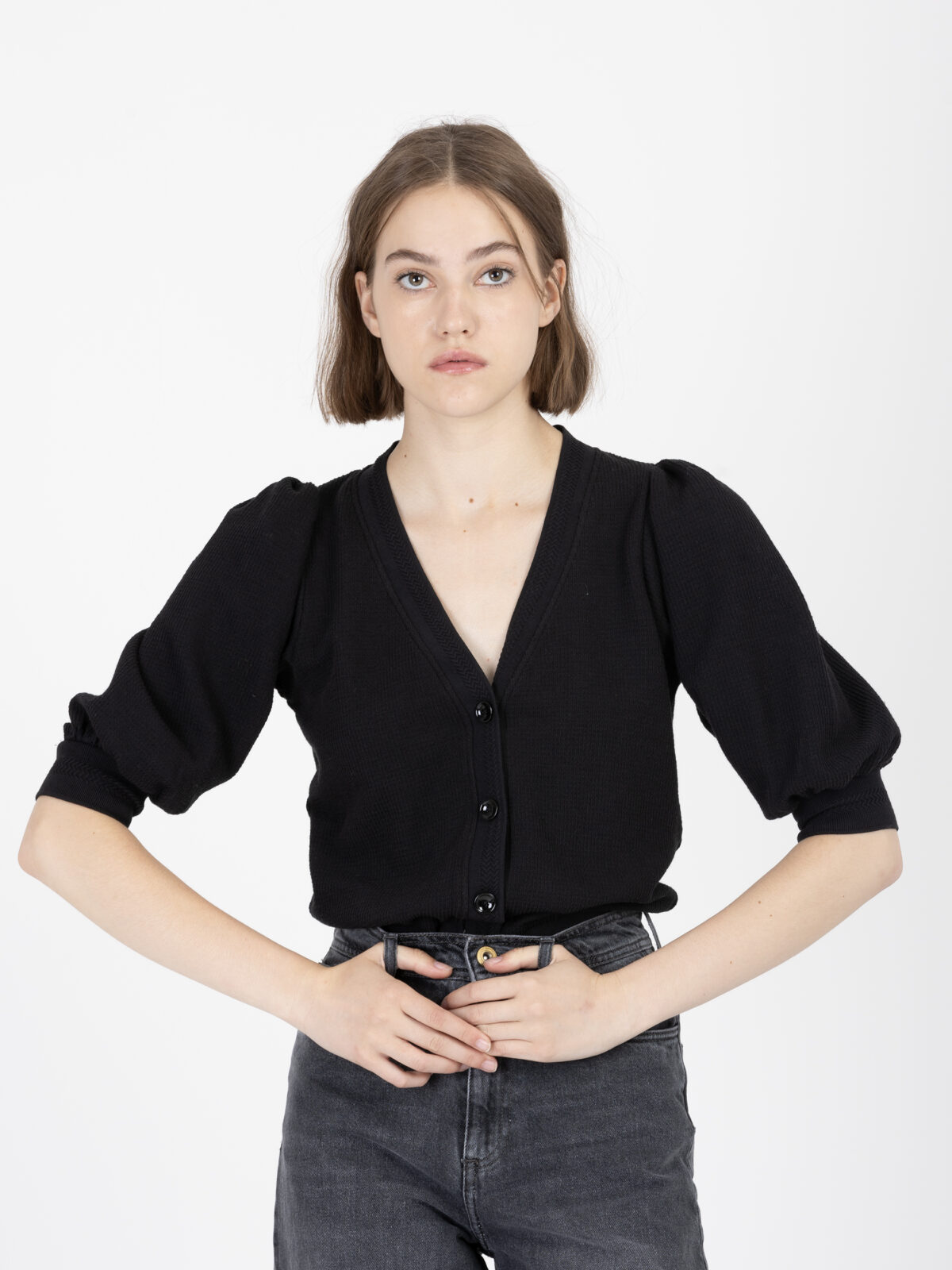 carbonel-black-cotton-cardigan-puffy-sleeves-sessun-vneck-buttons-matchboxathens