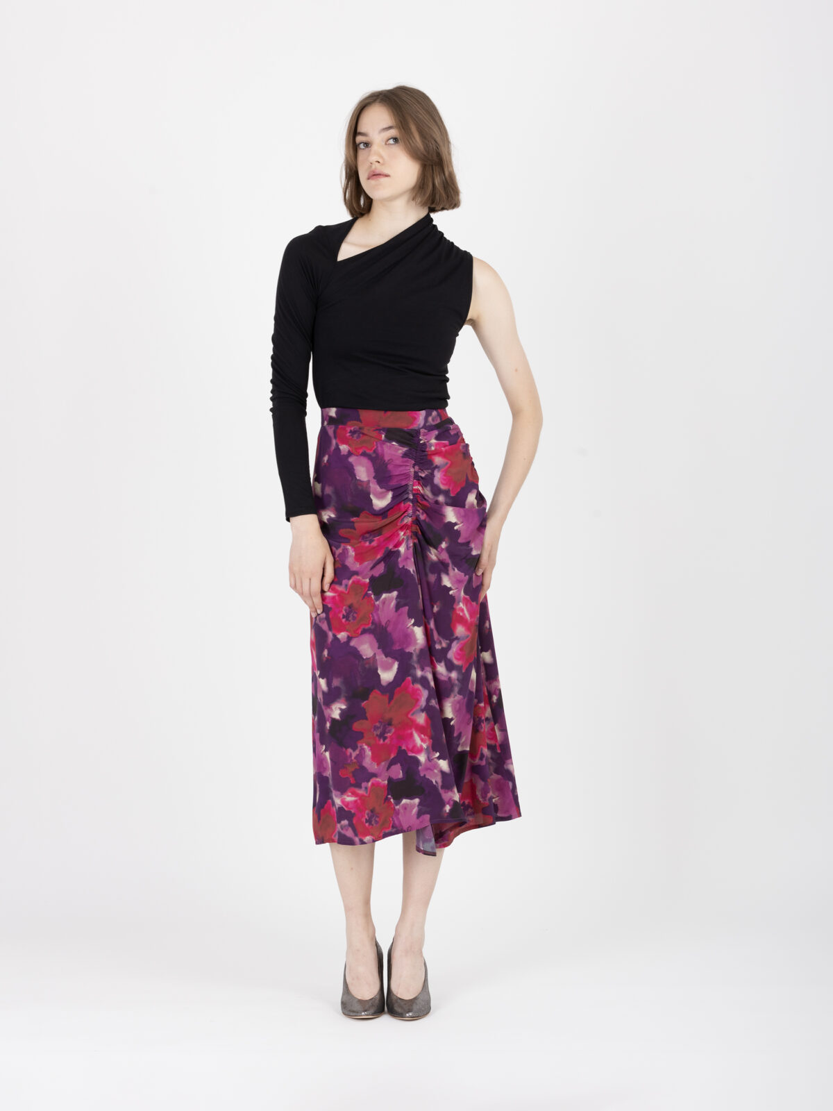naomi-skirt-viscose-printed-floral-bordeaux-ruched-uniforme-athens-greek-designers-matchboxathens