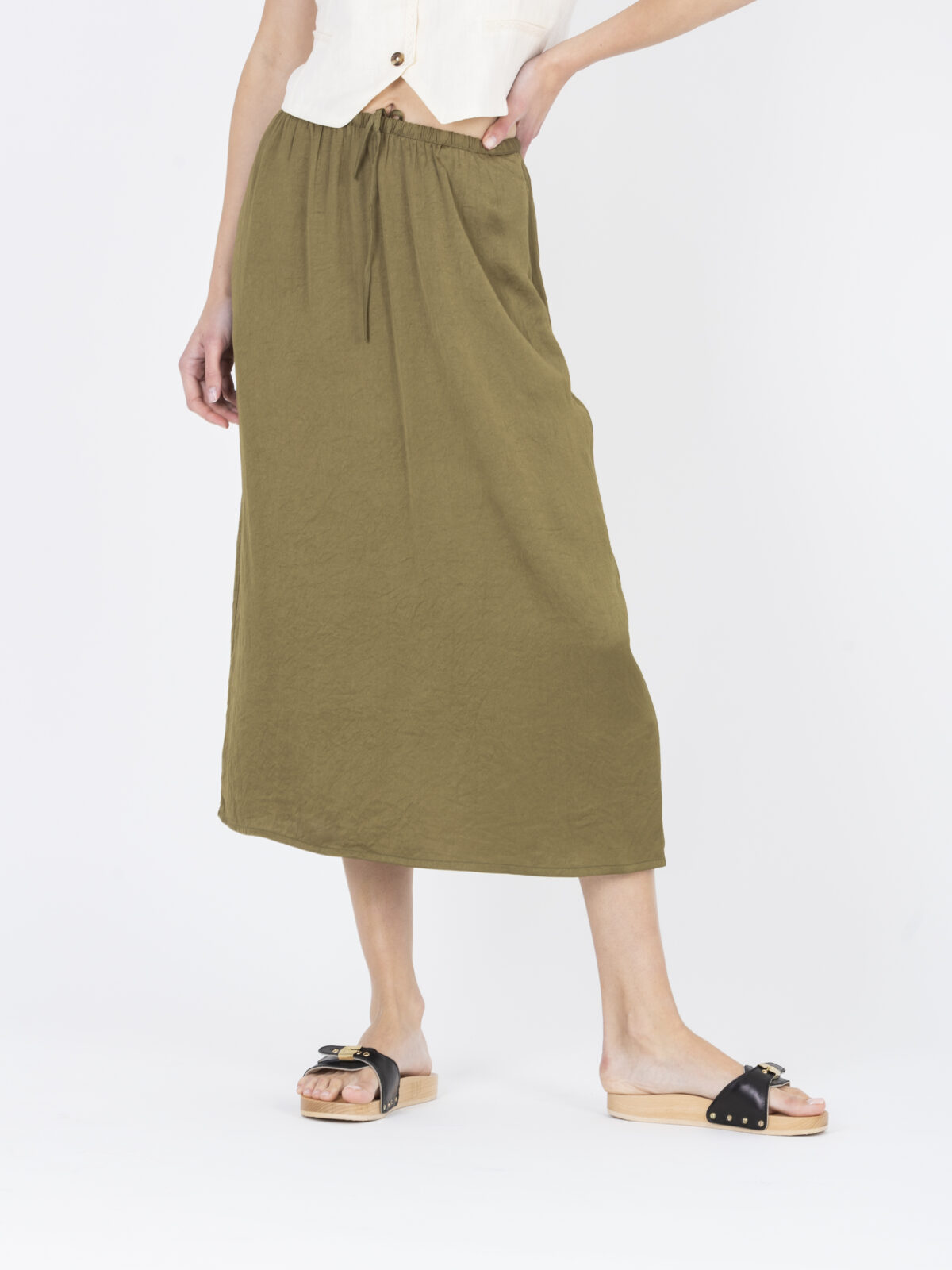 widland-thym-olive-satin-midi-skirt-wrap-elastic-waist-american-vintage-matchboxathens