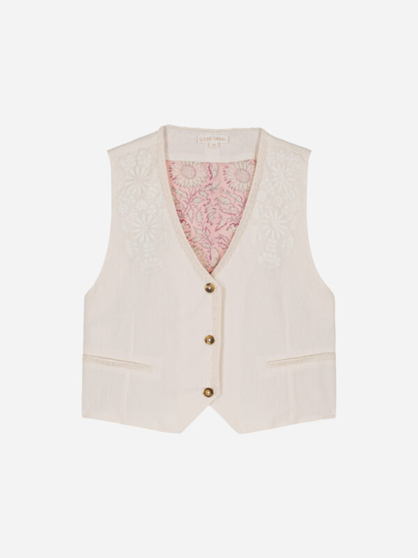 FRANKIE-GILET-cream-vest-linen-cotton-waistcoat-embroideries-lace-louise-misha-matchboxathens