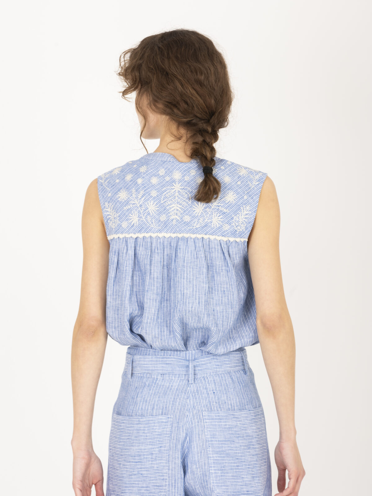 DUNA-BLOUSE-Blue-Striped-Linen-sleeveless-top-embroidered-louise-misha-matchboxathens