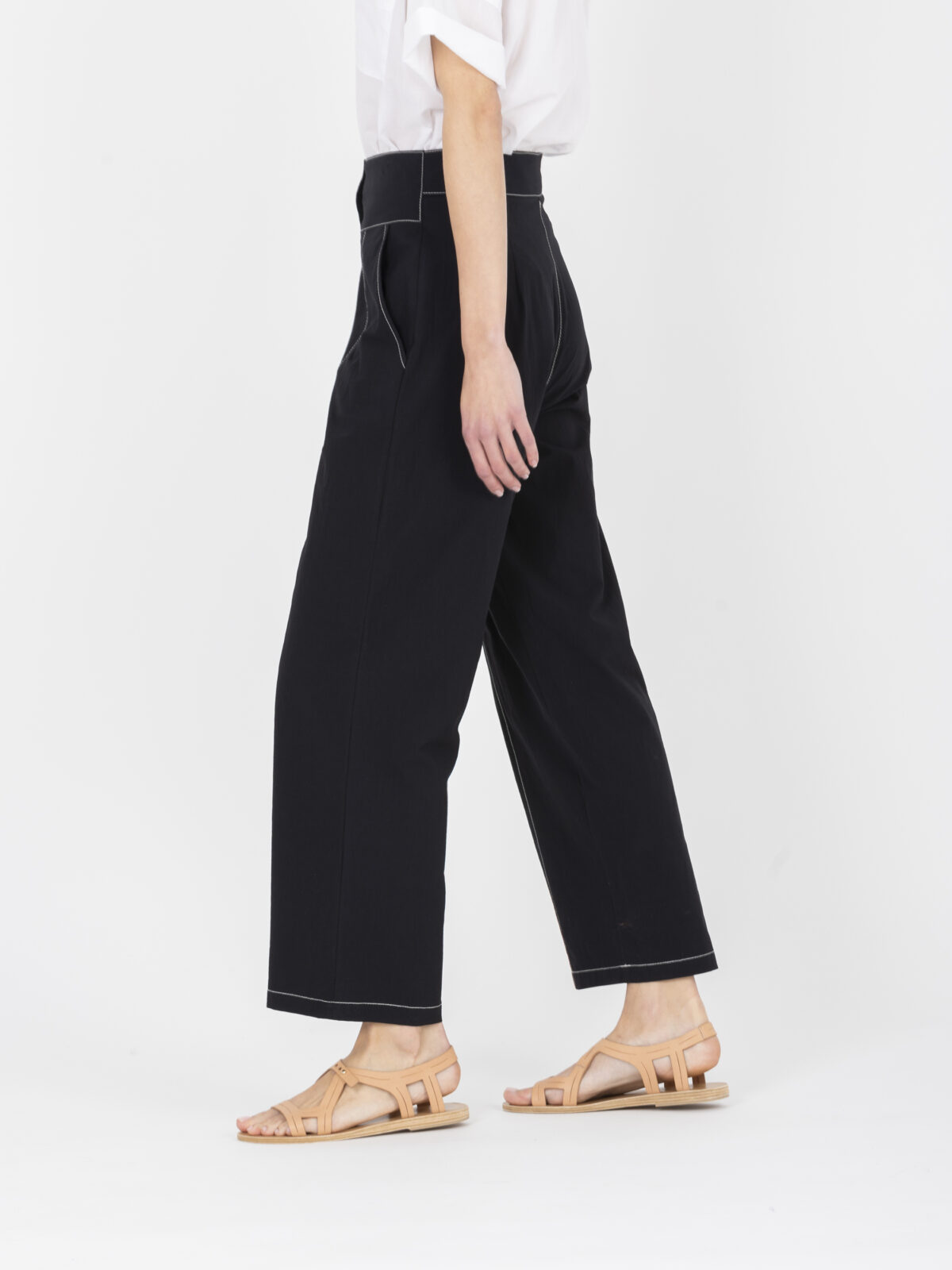 Lupi-black-cotton-pants-high-waisted-topstitching-greek-designers-limited-collection-uniforme-athens-matchboxathens